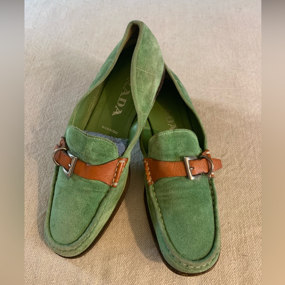 Designer PRADA Apple Green Suede Loafers w/ Leather Buckles.Sz 36